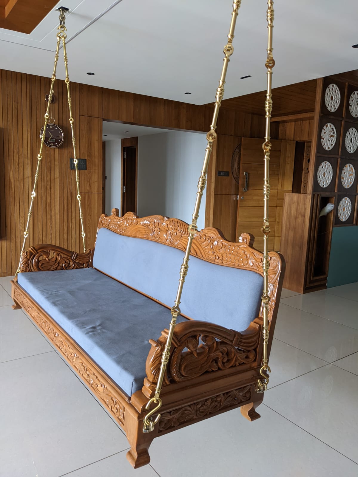 Kalaateet Wooden designer Carving swing with Brass chain and cushion