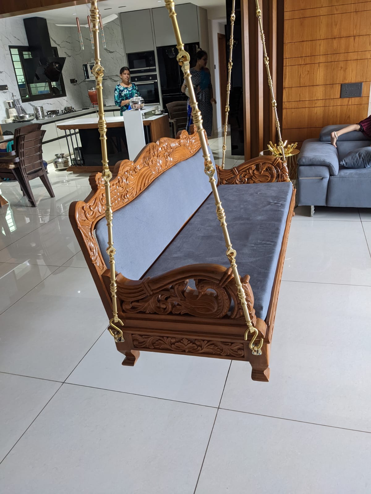 Kalaateet Wooden designer Carving swing with Brass chain and cushion