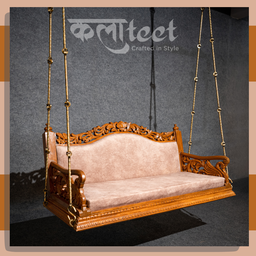 Wooden Carving 4 Ft Fixed back swing with brass chain and cushion