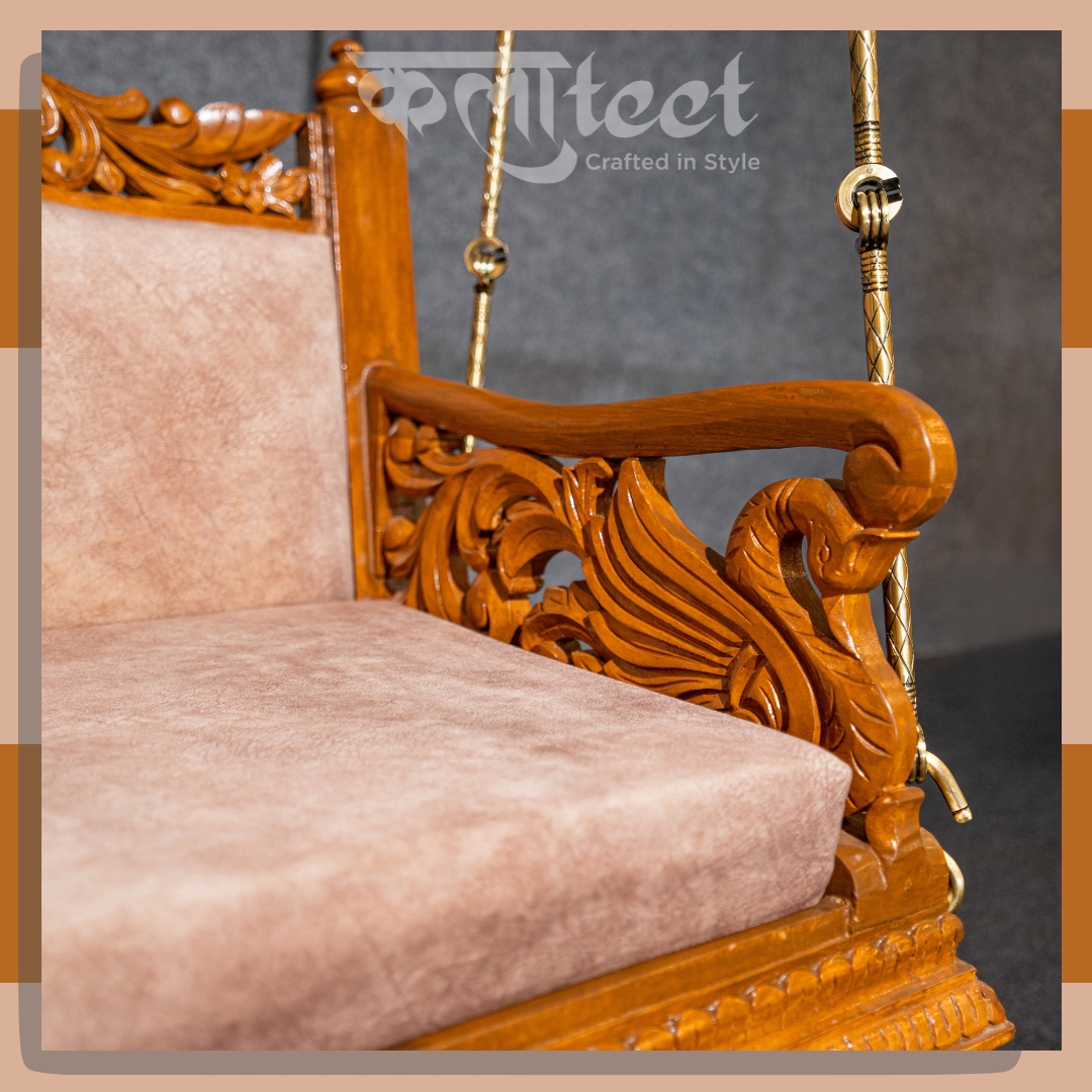 Wooden Carving 4 Ft Fixed back swing with brass chain and cushion