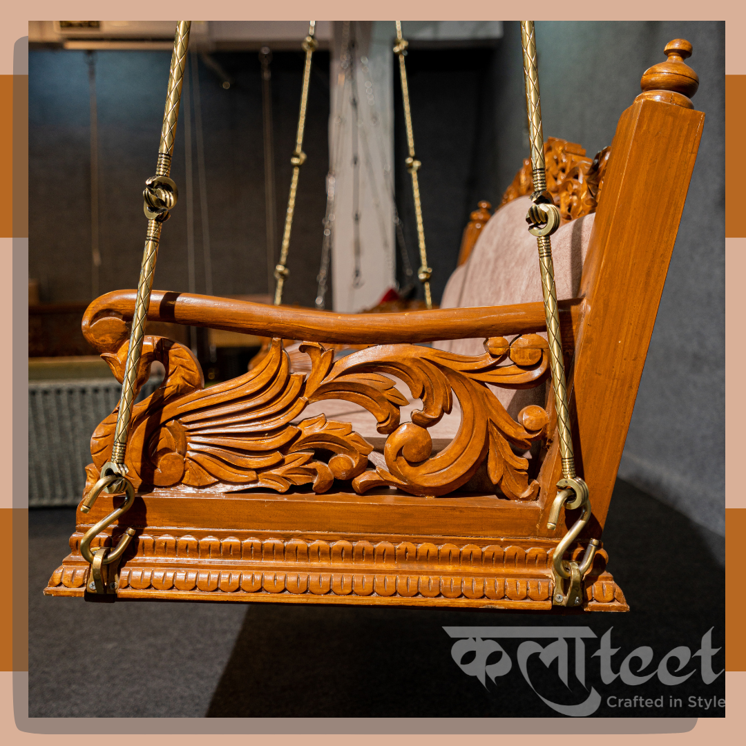 Wooden Carving 4 Ft Fixed back swing with brass chain and cushion