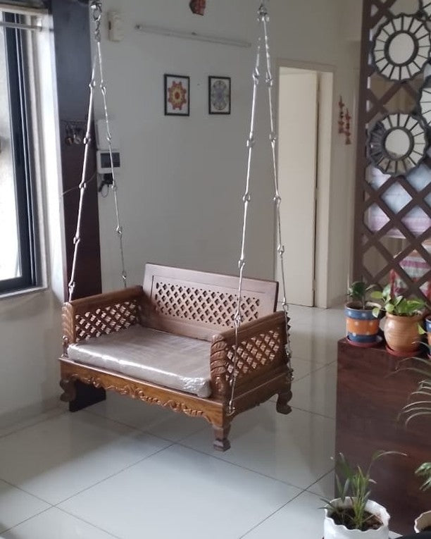 Wooden Carving swing with cushion and chain