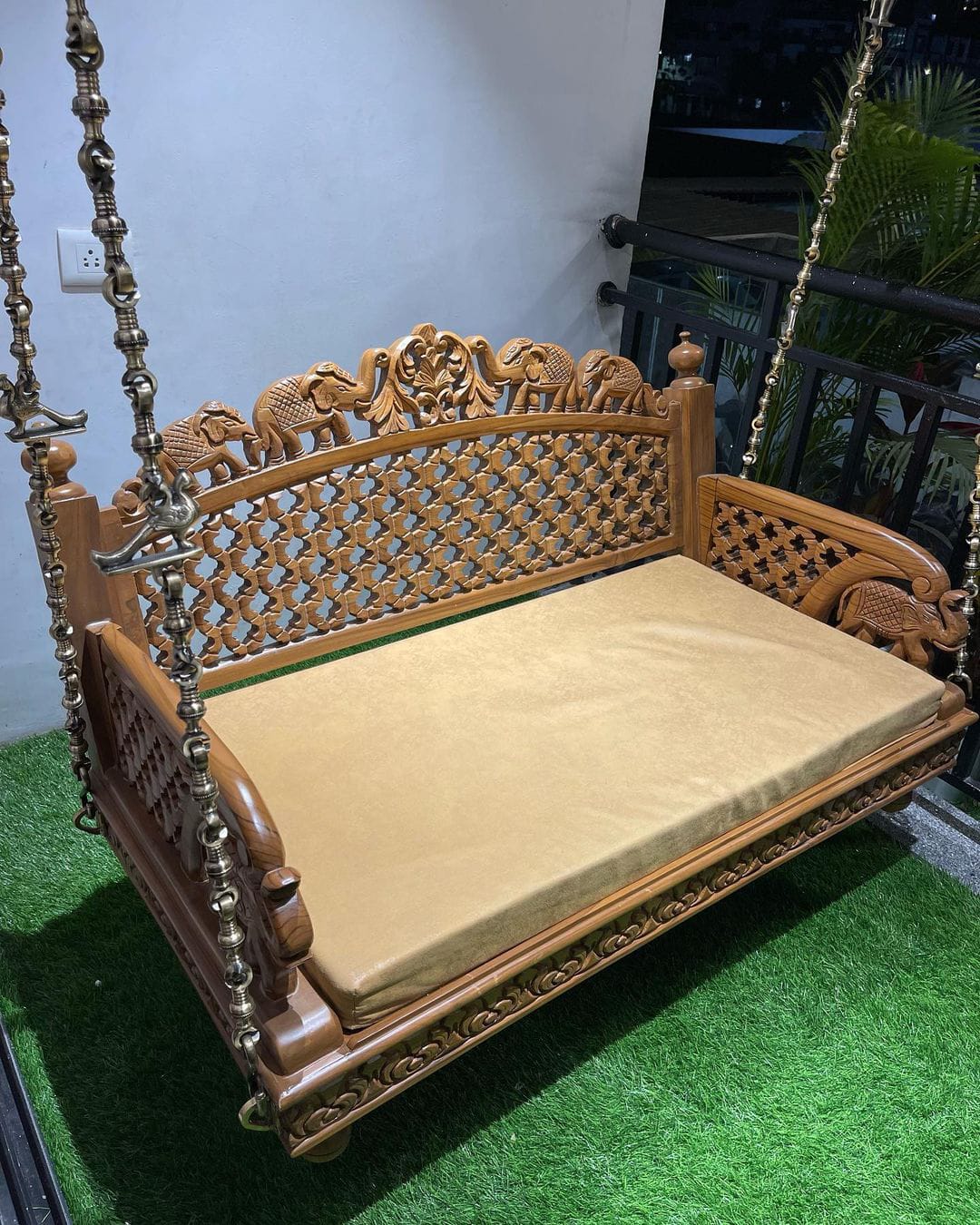 Wooden Carving 4 ft swing with cushion and brass chain